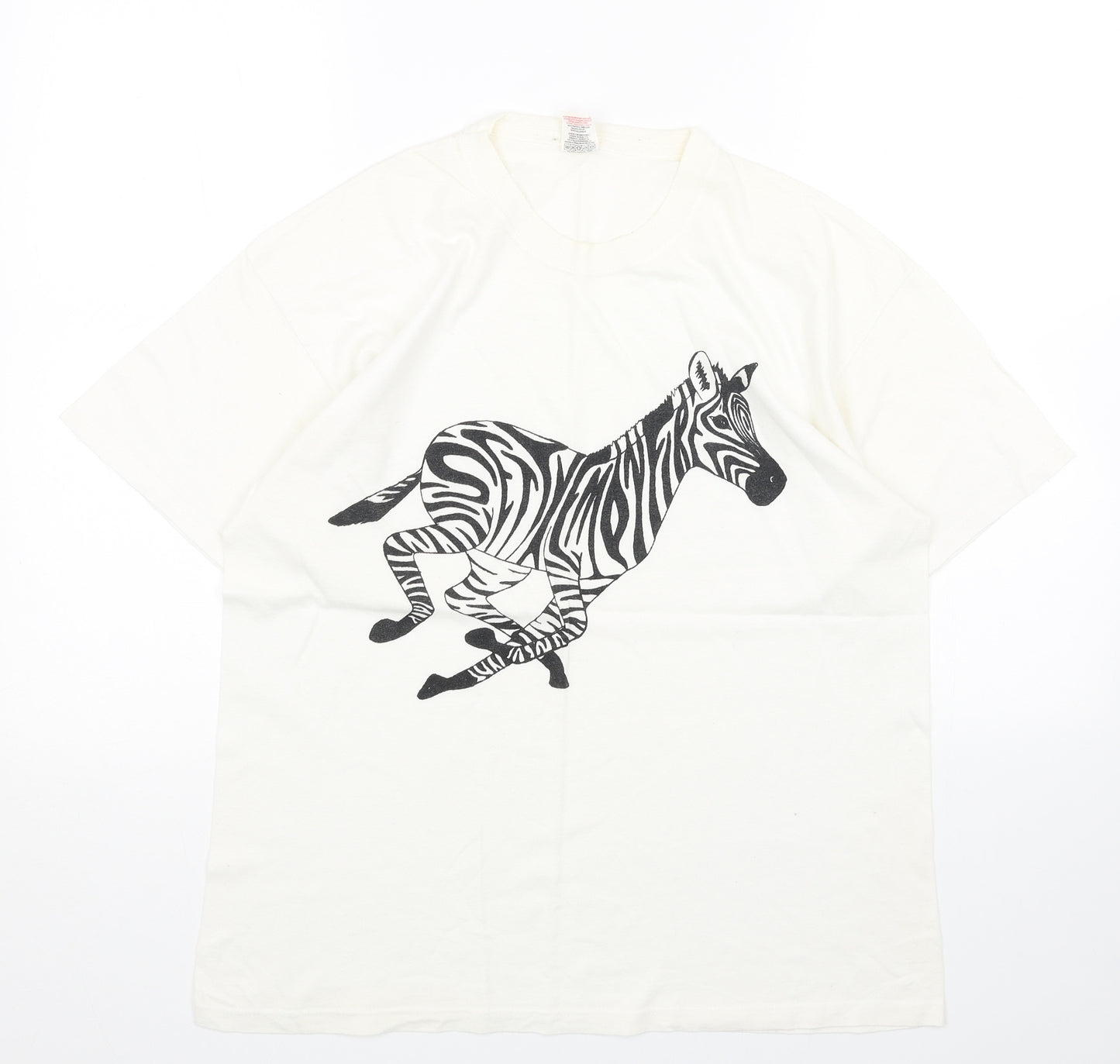 Screen Stars Womens White Cotton Basic T-Shirt Size L Round Neck - Zebra