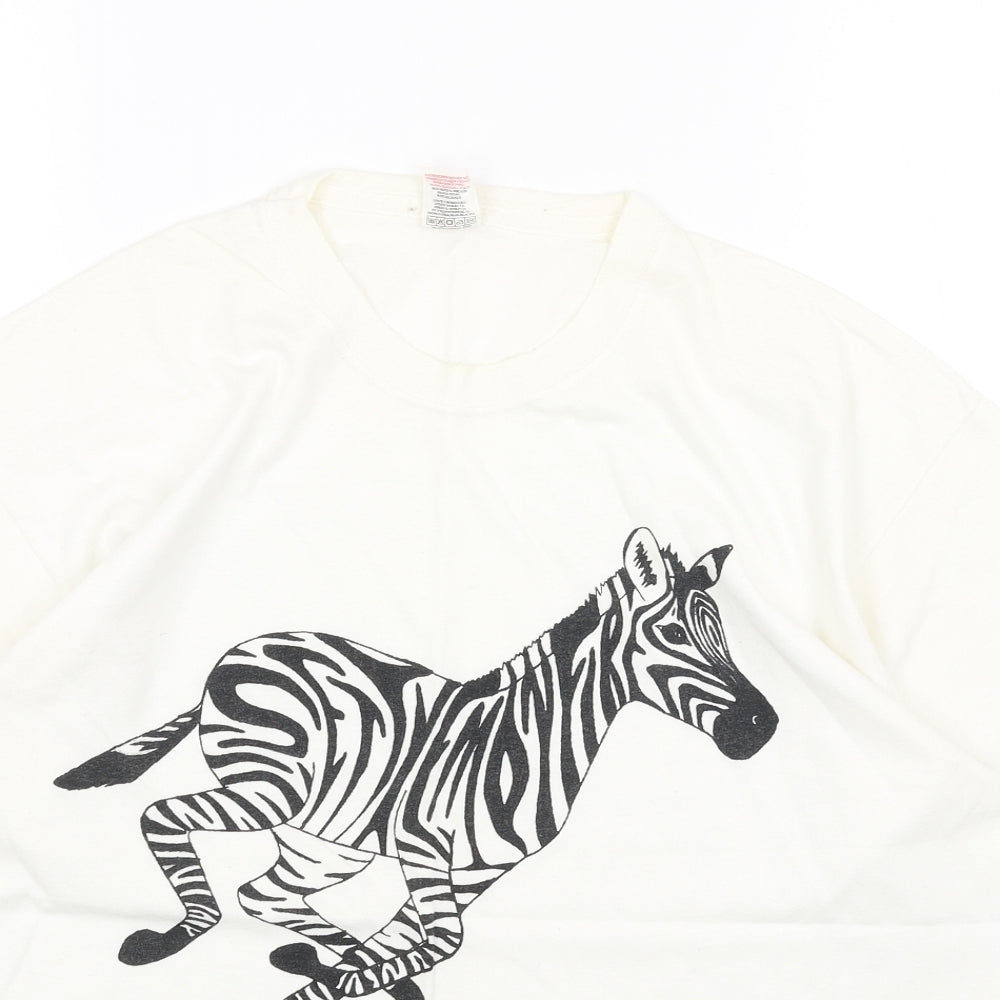 Screen Stars Womens White Cotton Basic T-Shirt Size L Round Neck - Zebra