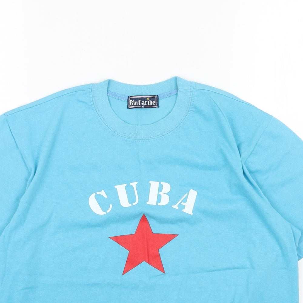 BLU CARIBE Womens Blue Cotton Basic T-Shirt Size M Round Neck - Cuba