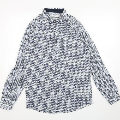 Primark Mens White Floral Cotton Button-Up Size M Collared Button