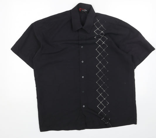 Cutting Edge Mens Black Geometric Polyester Button-Up Size L Collared Button