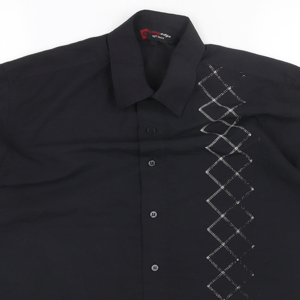 Cutting Edge Mens Black Geometric Polyester Button-Up Size L Collared Button