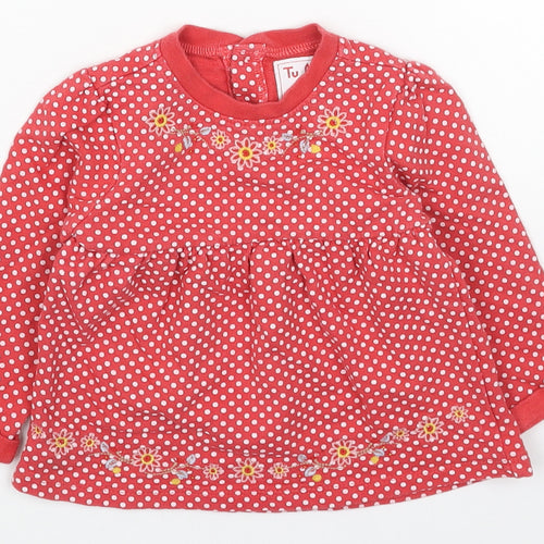 TU Girls Red Geometric Cotton Jumper Dress Size 6-9 Months Round Neck Button
