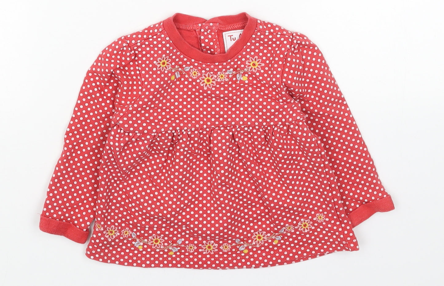 TU Girls Red Geometric Cotton Jumper Dress Size 6-9 Months Round Neck Button