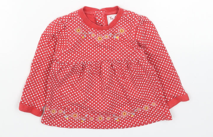 TU Girls Red Geometric Cotton Jumper Dress Size 6-9 Months Round Neck Button