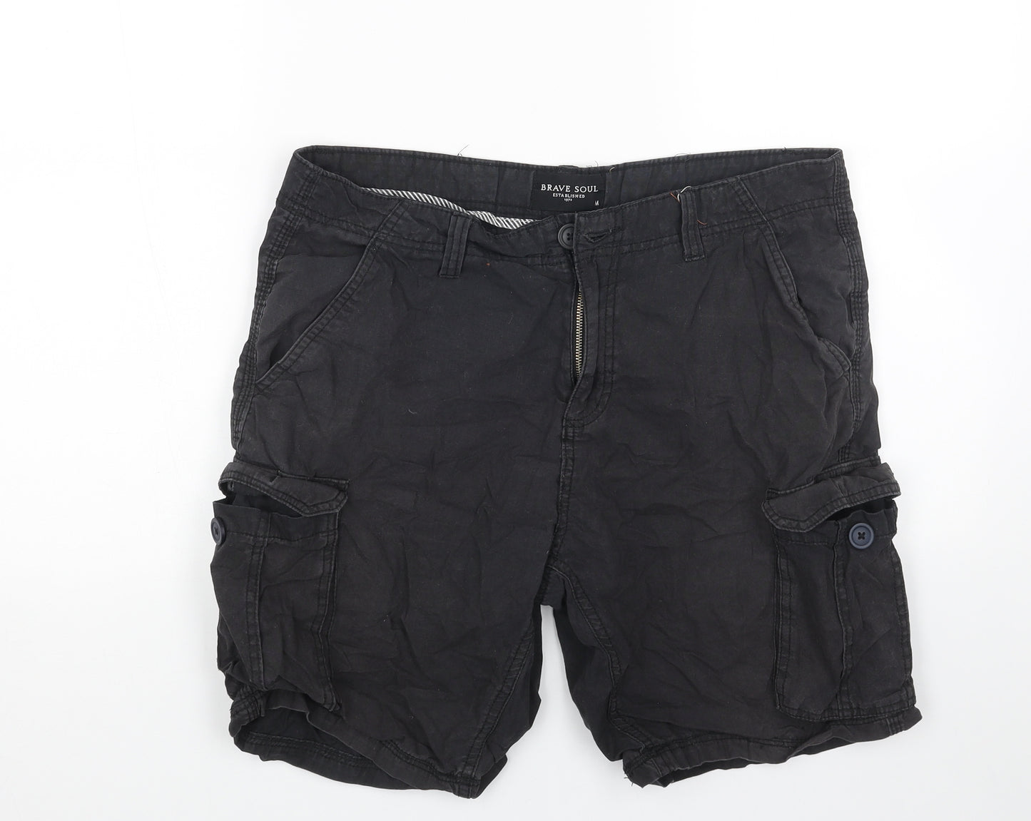 Brave Soul Mens Black Cotton Cargo Shorts Size M L7 in Regular Button