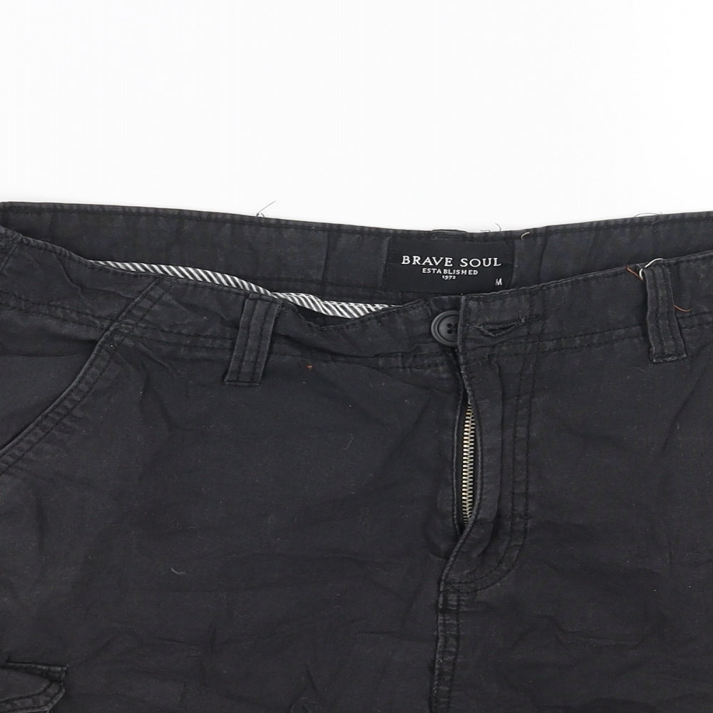 Brave Soul Mens Black Cotton Cargo Shorts Size M L7 in Regular Button