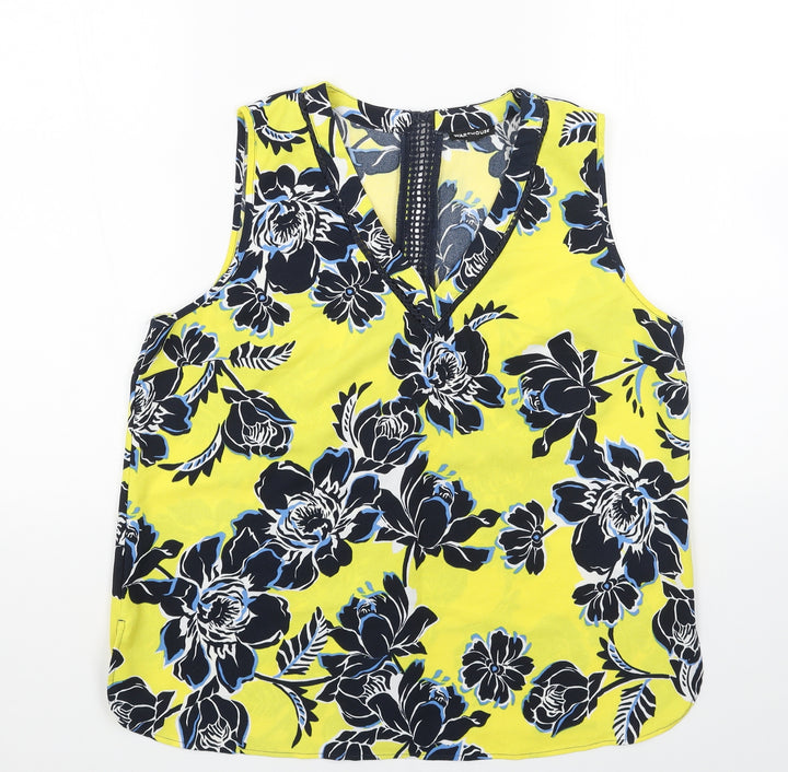 Warehouse Womens Yellow Floral Polyester Basic Blouse Size 16 V-Neck