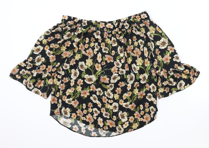 Topshop Womens Black Floral Viscose Basic Blouse Size 8 Off the Shoulder
