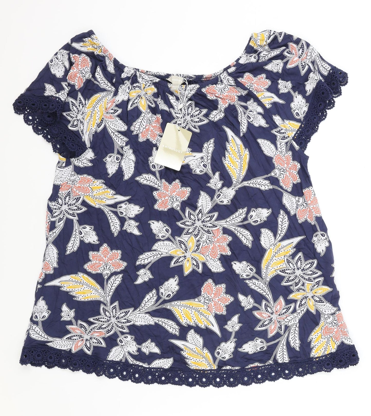 Anthology Womens Blue Floral Polyester Basic T-Shirt Size 16 Boat Neck - Lace Trim