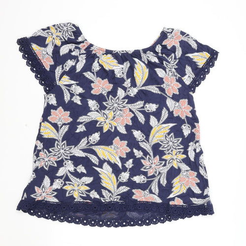Anthology Womens Blue Floral Polyester Basic T-Shirt Size 16 Boat Neck - Lace Trim
