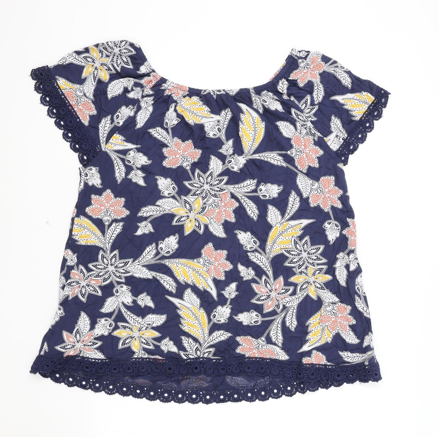 Anthology Womens Blue Floral Polyester Basic T-Shirt Size 16 Boat Neck - Lace Trim