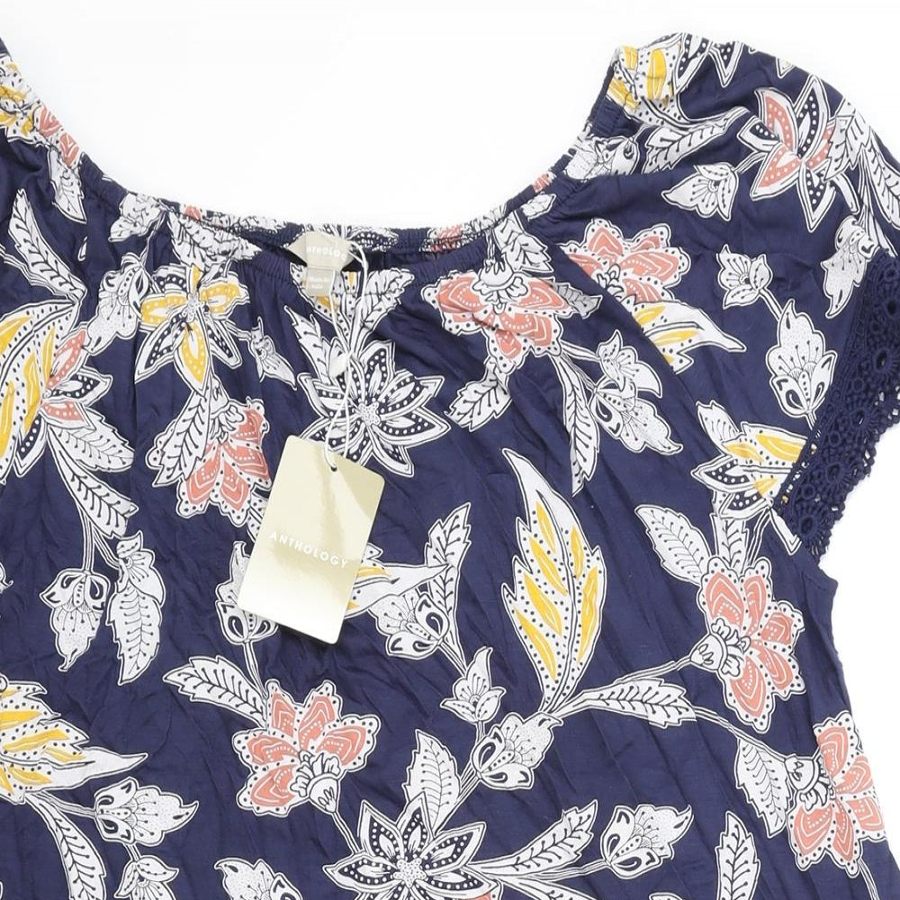 Anthology Womens Blue Floral Polyester Basic T-Shirt Size 16 Boat Neck - Lace Trim
