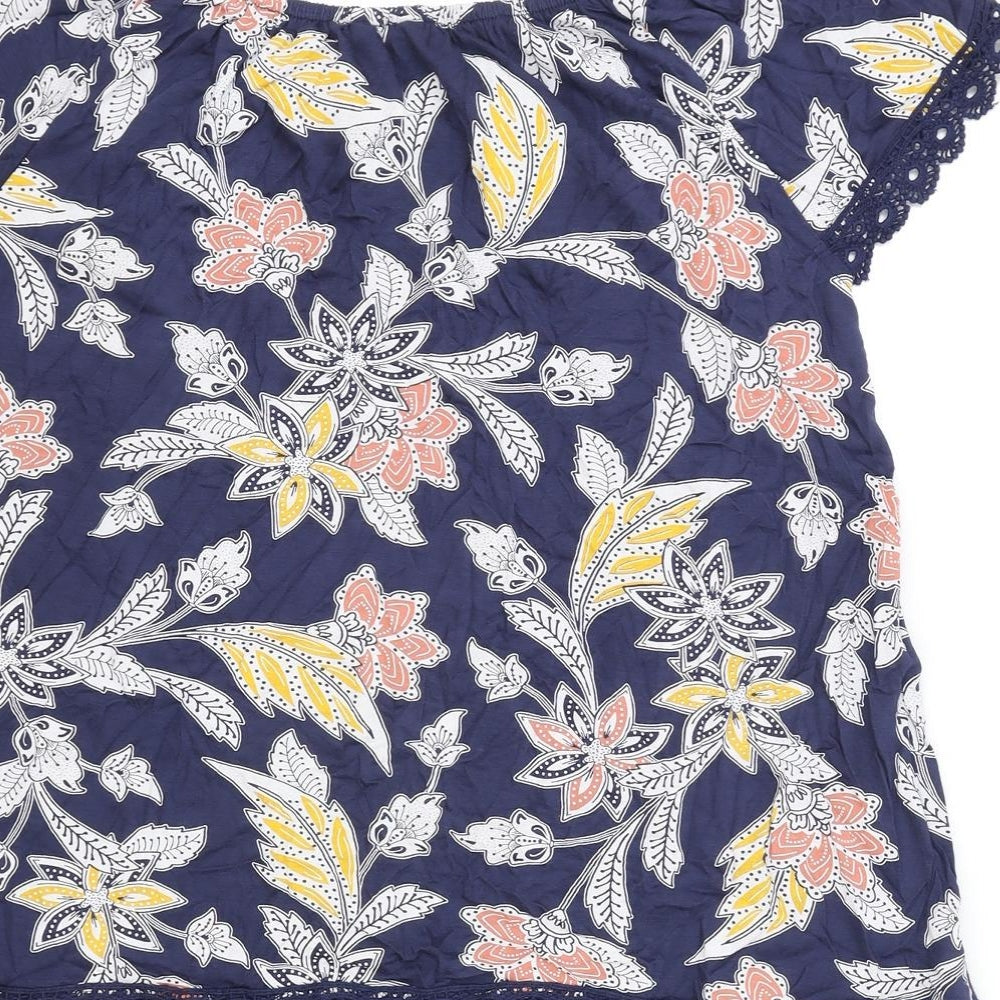 Anthology Womens Blue Floral Polyester Basic T-Shirt Size 16 Boat Neck - Lace Trim