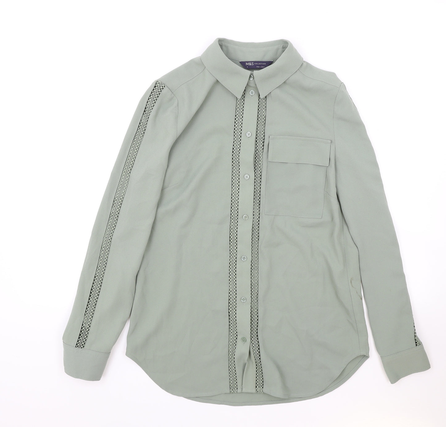 Marks and Spencer Womens Green Polyester Basic Button-Up Size 6 Collared