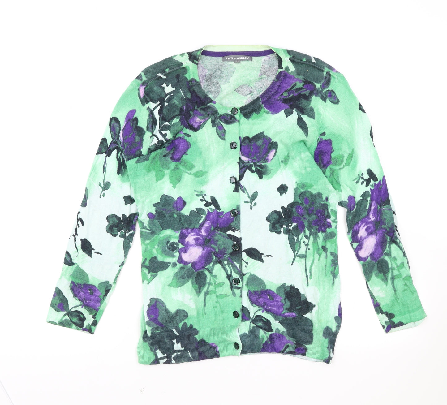 Laura Ashley Womens Green Round Neck Floral 100% Cotton Cardigan Jumper Size 12