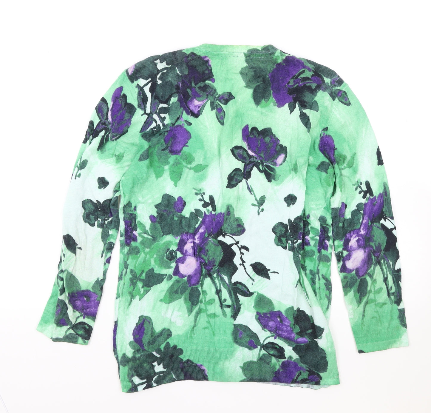 Laura Ashley Womens Green Round Neck Floral 100% Cotton Cardigan Jumper Size 12