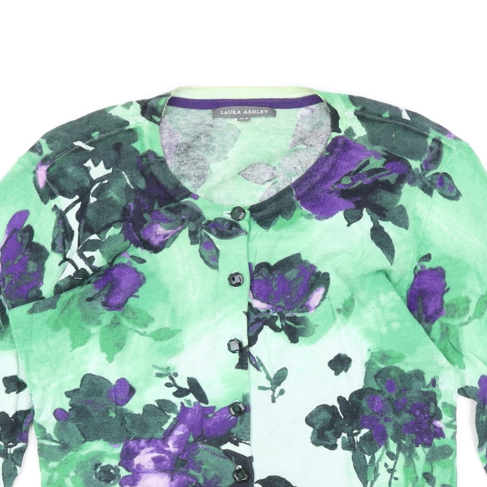 Laura Ashley Womens Green Round Neck Floral 100% Cotton Cardigan Jumper Size 12