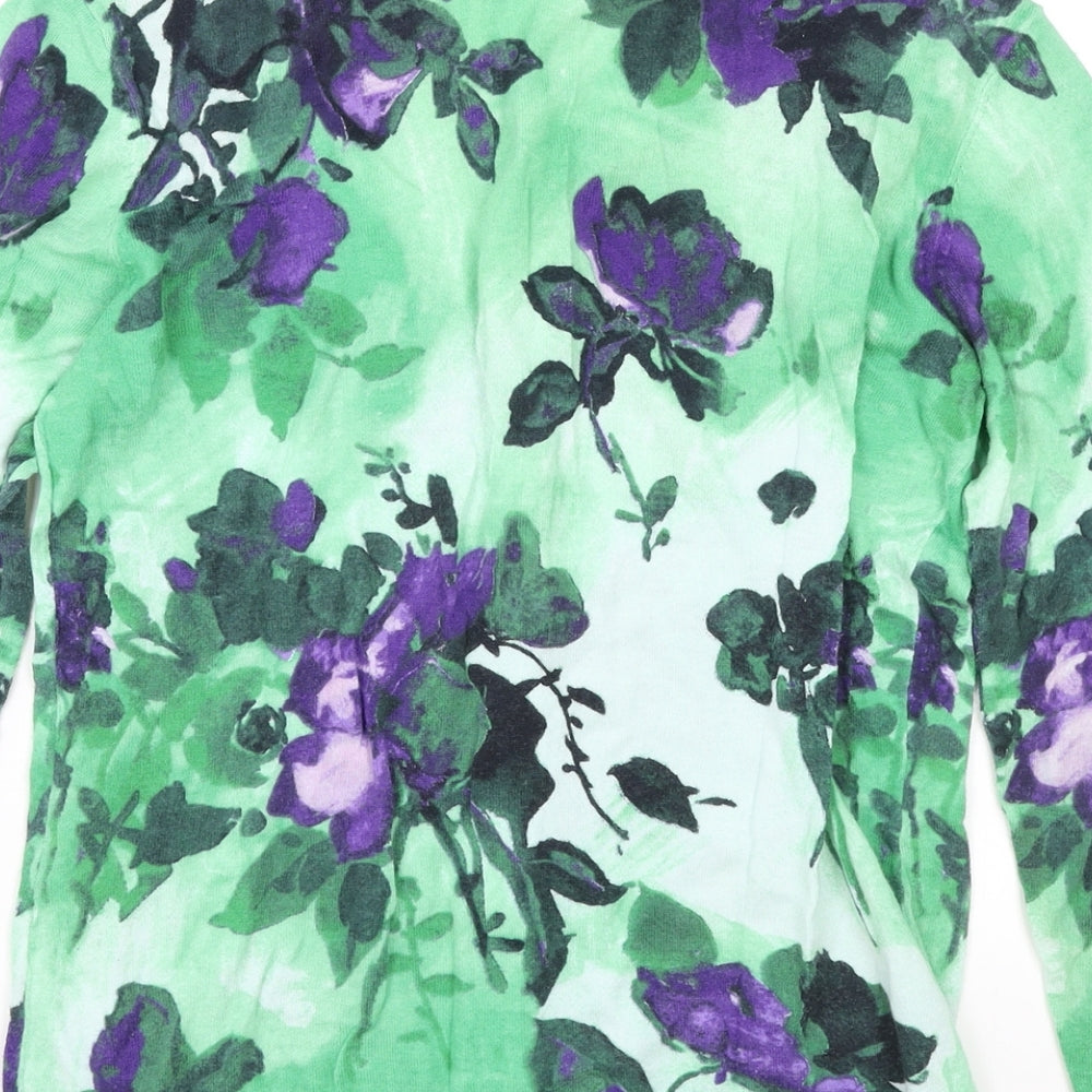 Laura Ashley Womens Green Round Neck Floral 100% Cotton Cardigan Jumper Size 12