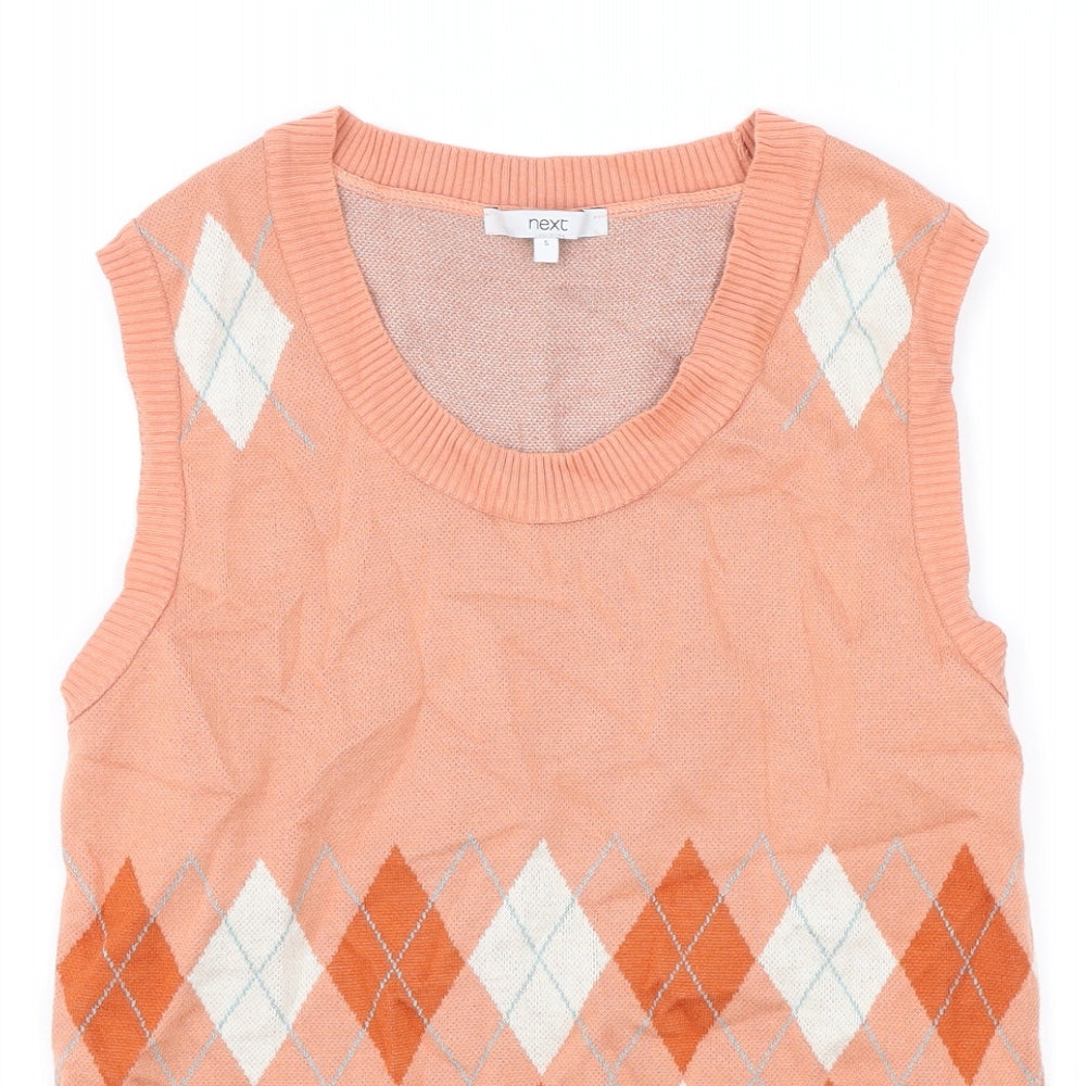 NEXT Womens Pink Round Neck Plaid Acrylic Vest Jumper Size S