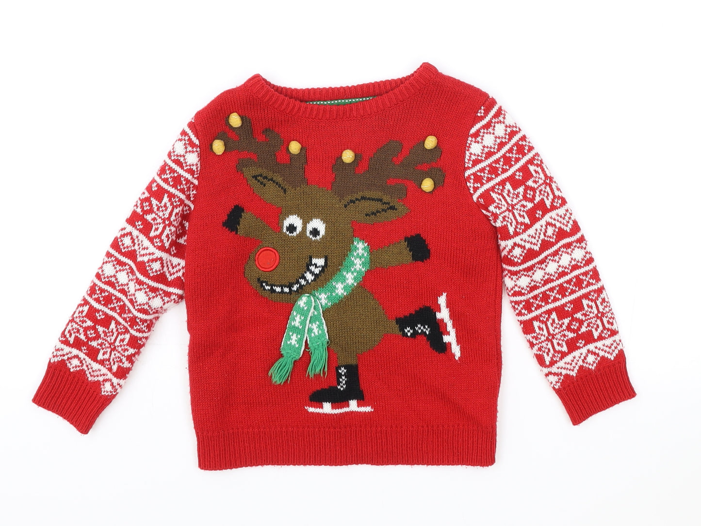 Rebel Boys Red Round Neck Fair Isle Acrylic Pullover Jumper Size 2-3 Years Pullover - Christmas