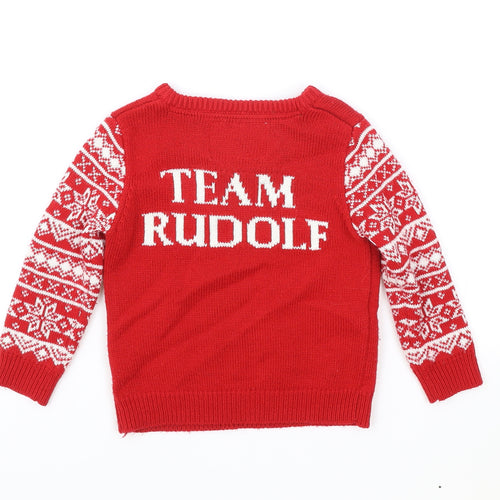 Rebel Boys Red Round Neck Fair Isle Acrylic Pullover Jumper Size 2-3 Years Pullover - Christmas