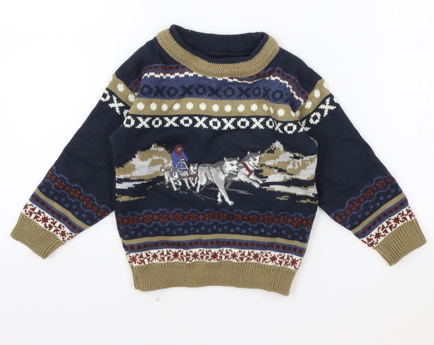 M Boys Blue Round Neck Fair Isle Acrylic Pullover Jumper Size 2-3 Years Pullover - Christmas