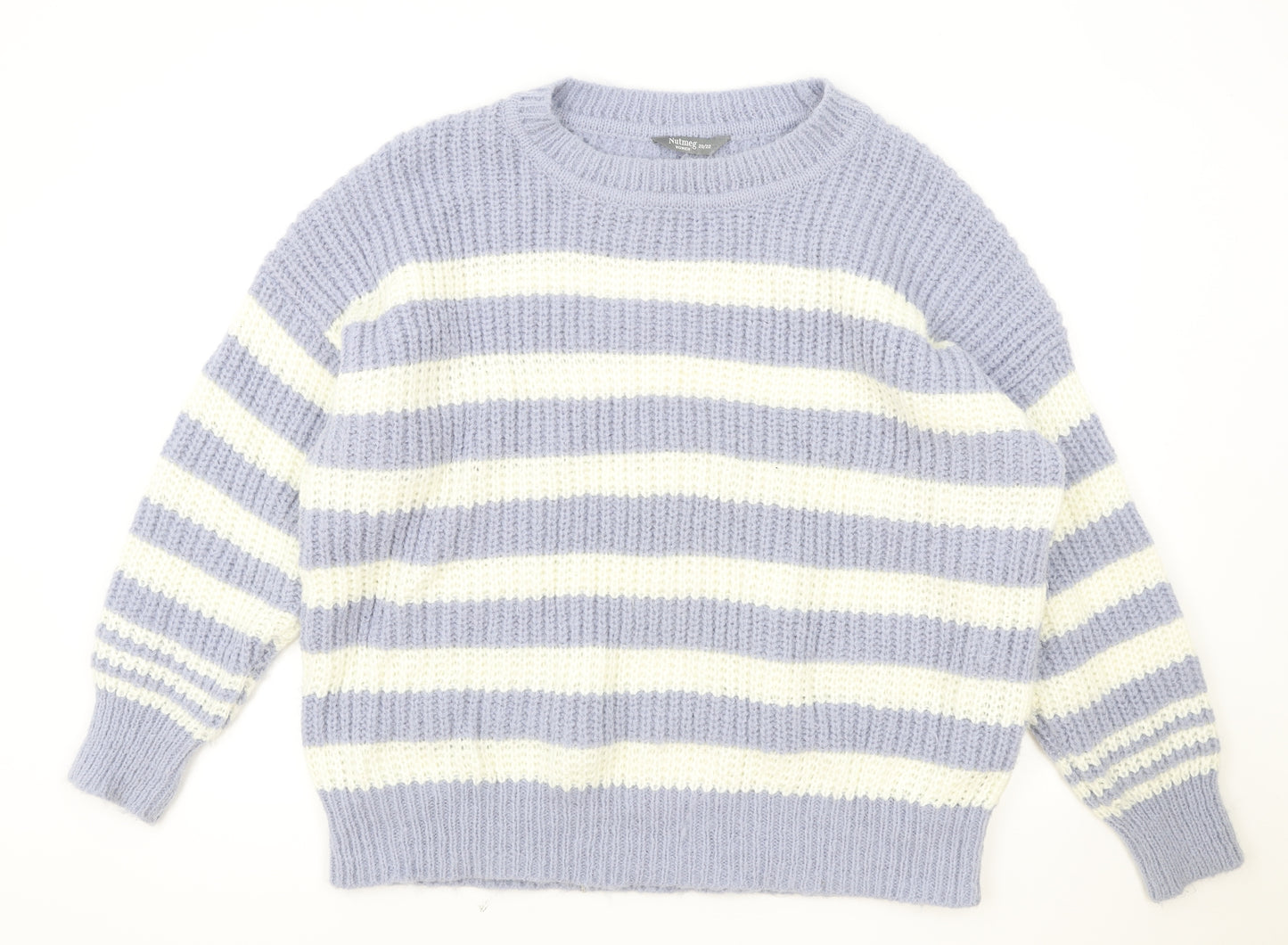 Nutmeg Womens Blue Round Neck Striped Polyester Pullover Jumper Size 22