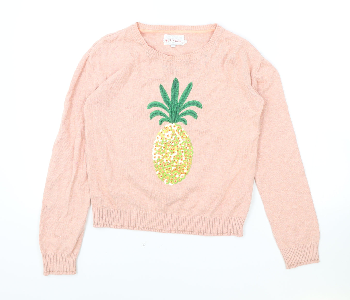 Marks and Spencer Girls Pink Round Neck Cotton Pullover Jumper Size 11-12 Years Pullover - Pineapple