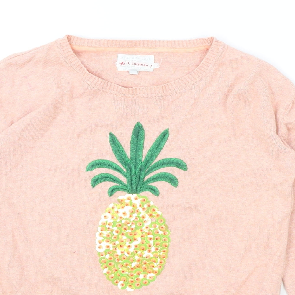 Marks and Spencer Girls Pink Round Neck Cotton Pullover Jumper Size 11-12 Years Pullover - Pineapple
