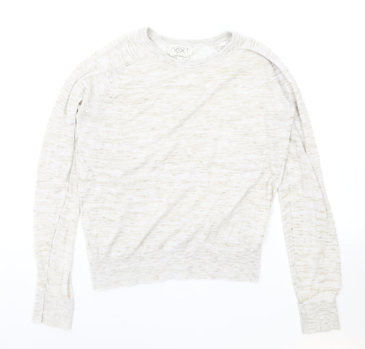 Front view of NEXT women’s beige round neck cotton jumper, size UK 12