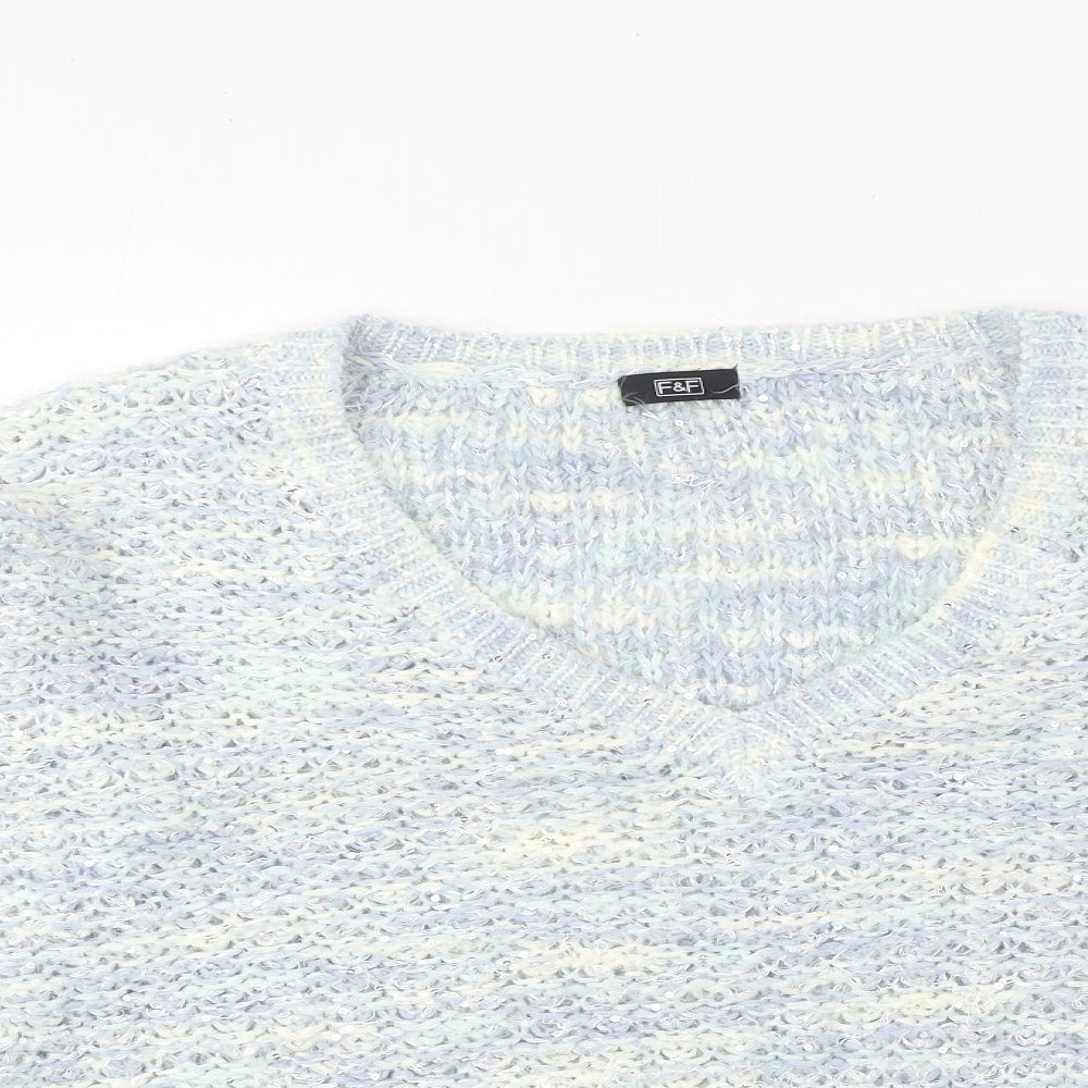 F&F Womens Blue V-Neck Acrylic Pullover Jumper Size 14