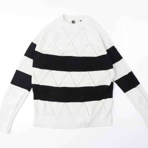Marks and Spencer Womens White Round Neck Striped Acrylic Pullover Jumper Size M