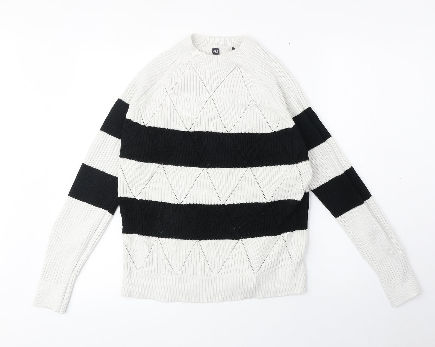 Marks and Spencer Womens White Round Neck Striped Acrylic Pullover Jumper Size M