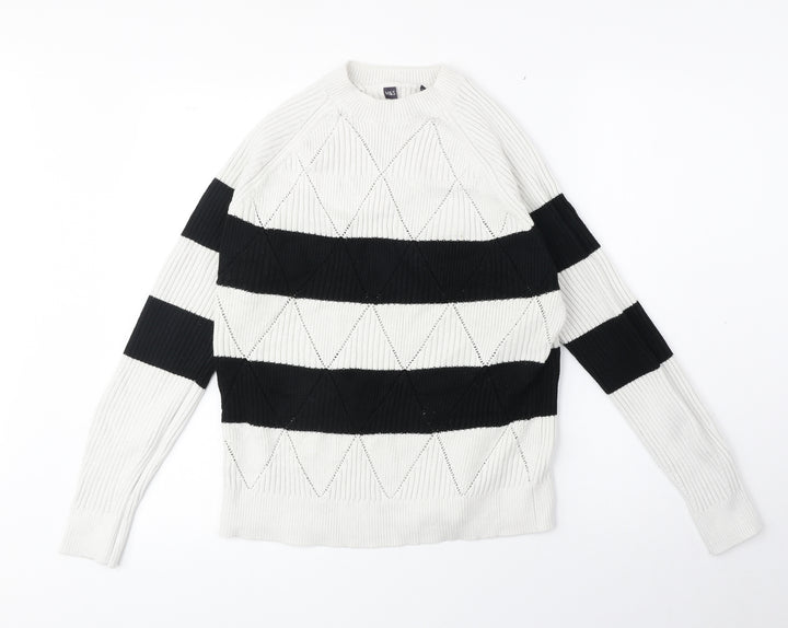 Marks and Spencer Womens White Round Neck Striped Acrylic Pullover Jumper Size M