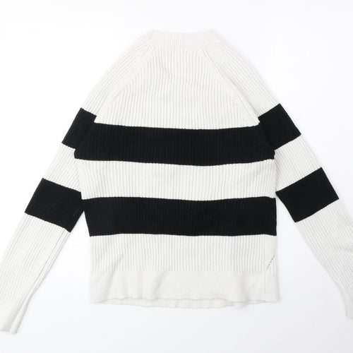 Marks and Spencer Womens White Round Neck Striped Acrylic Pullover Jumper Size M