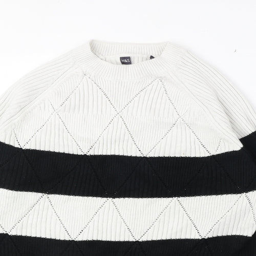 Marks and Spencer Womens White Round Neck Striped Acrylic Pullover Jumper Size M