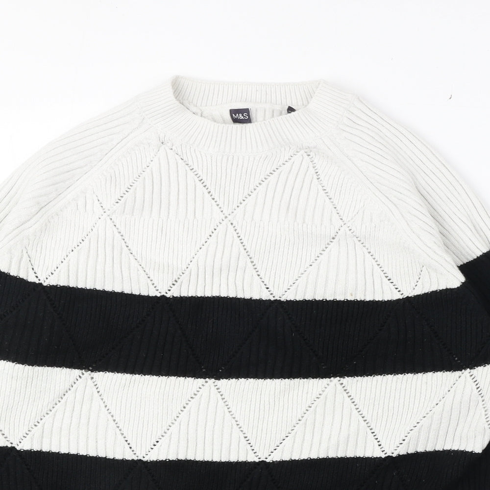 Marks and Spencer Womens White Round Neck Striped Acrylic Pullover Jumper Size M