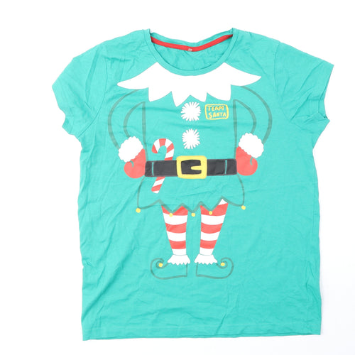George Girls Green 100% Cotton Basic T-Shirt Size 8 Years Round Neck Pullover - Elf Christmas