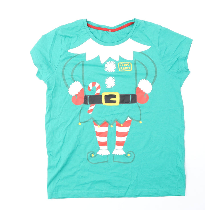 George Girls Green 100% Cotton Basic T-Shirt Size 8 Years Round Neck Pullover - Elf Christmas