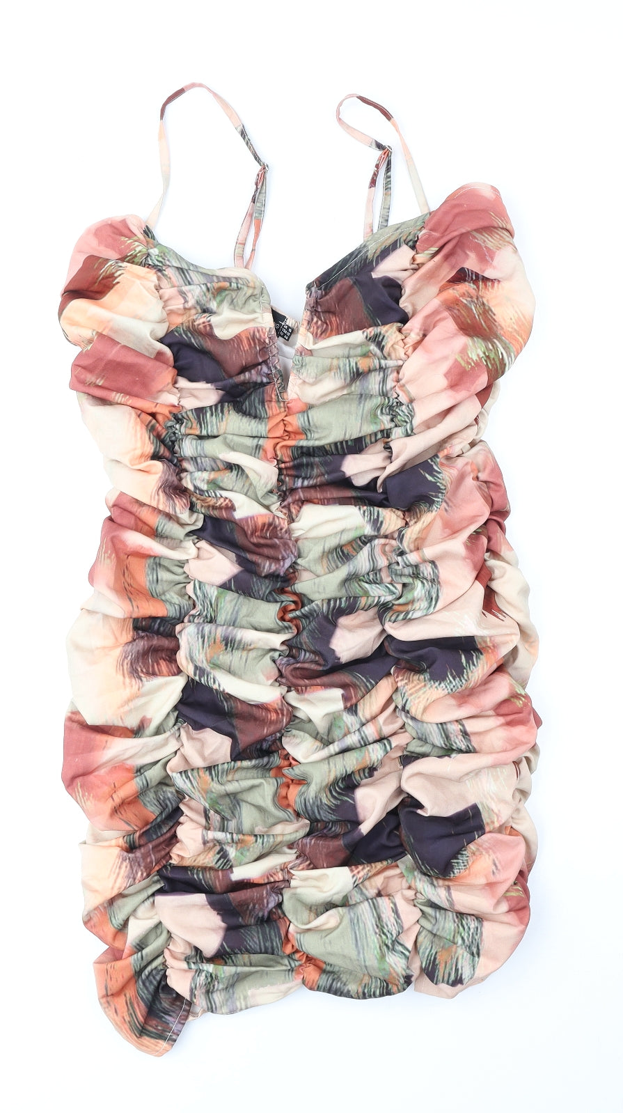 PRETTYLITTLETHING Womens Brown Geometric Polyester Tank Dress Size 16 Square Neck Zip
