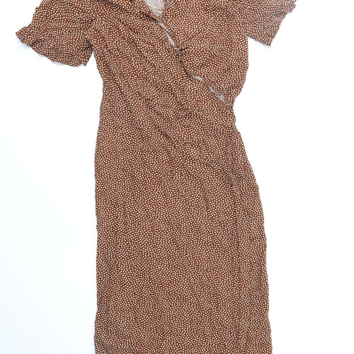 Primark Womens Brown Geometric Polyester Wrap Dress Size 10 V-Neck Tie