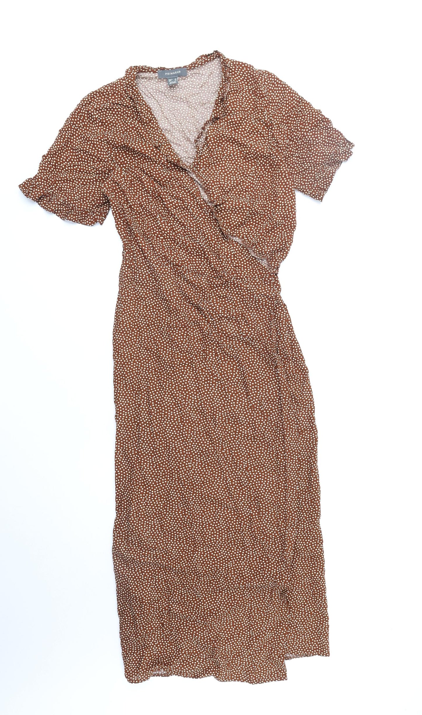 Primark Womens Brown Geometric Polyester Wrap Dress Size 10 V-Neck Tie