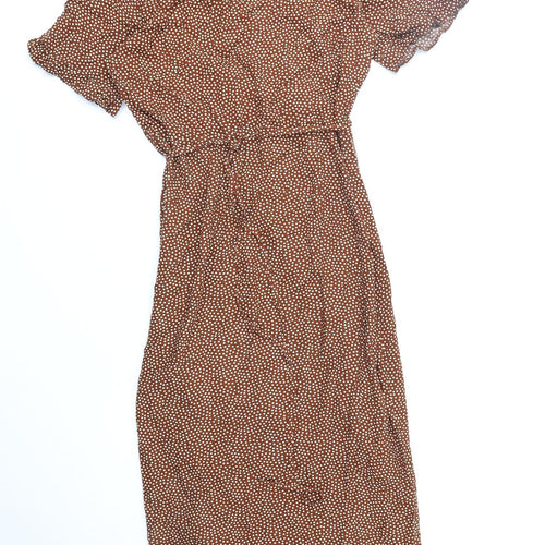Primark Womens Brown Geometric Polyester Wrap Dress Size 10 V-Neck Tie