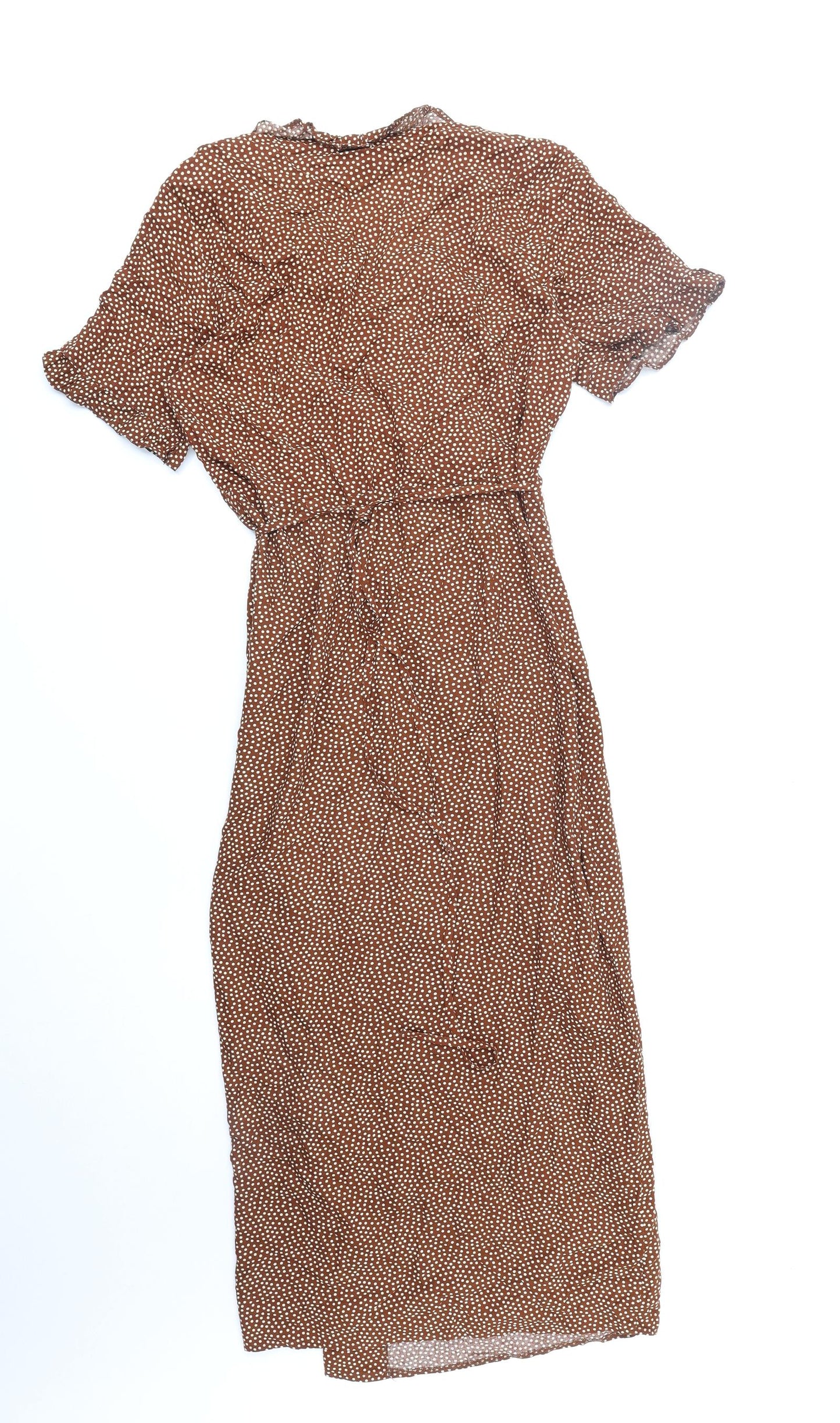 Primark Womens Brown Geometric Polyester Wrap Dress Size 10 V-Neck Tie