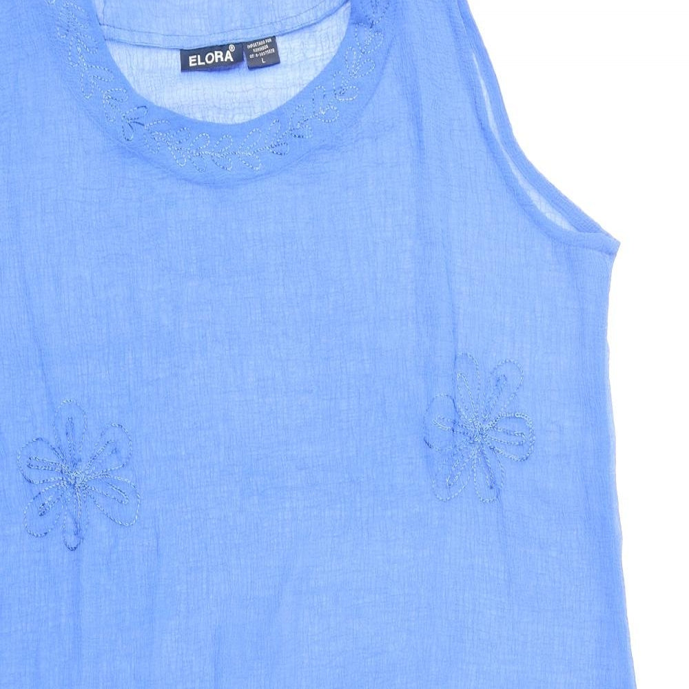 Elora Womens Blue Floral Polyester Basic Tank Size L Round Neck