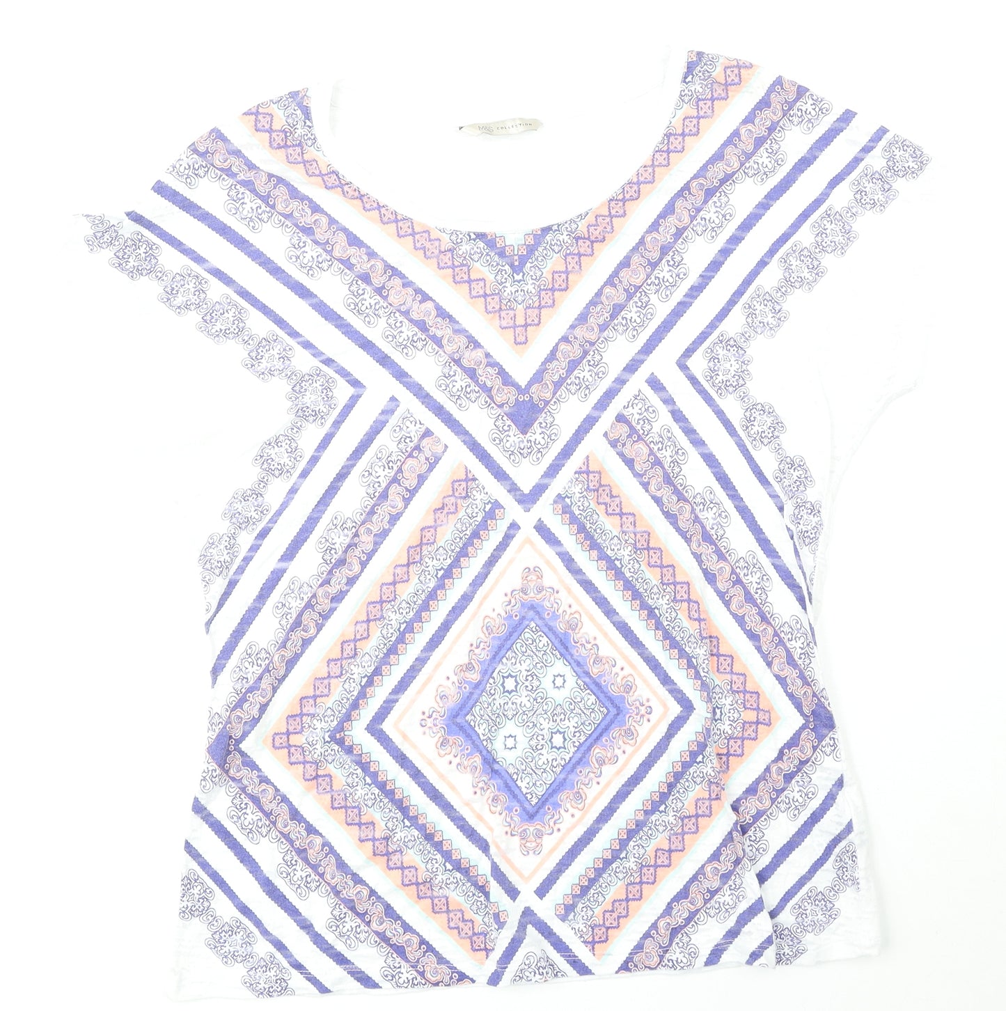Marks and Spencer Womens Multicoloured Geometric Cotton Basic Blouse Size 10 Round Neck