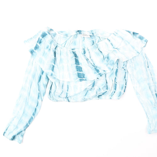 Glamorous Womens Blue Geometric Polyester Cropped Blouse Size 8 Off the Shoulder - Tie Dye Pattern