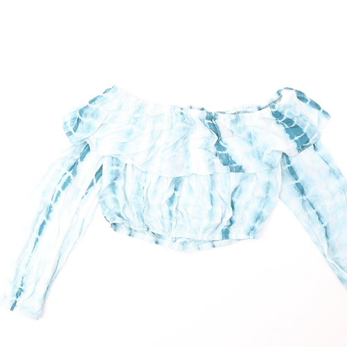 Glamorous Womens Blue Geometric Polyester Cropped Blouse Size 8 Off the Shoulder - Tie Dye Pattern