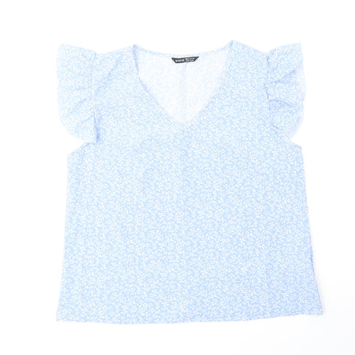 SheIn Womens Blue Floral Polyester Basic Blouse Size M V-Neck